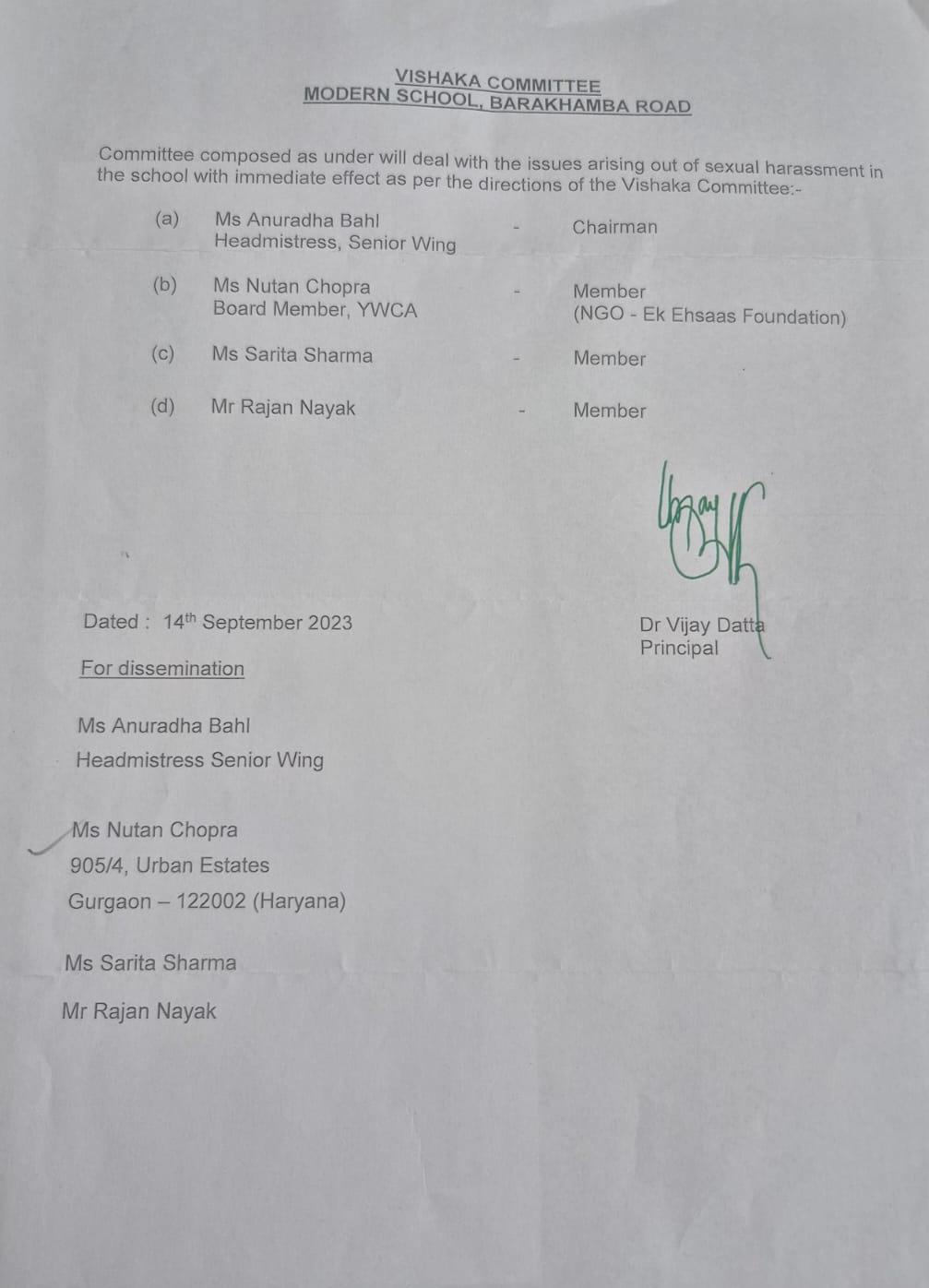 Vishaka Committee directions naming Nutan Chopra as a member