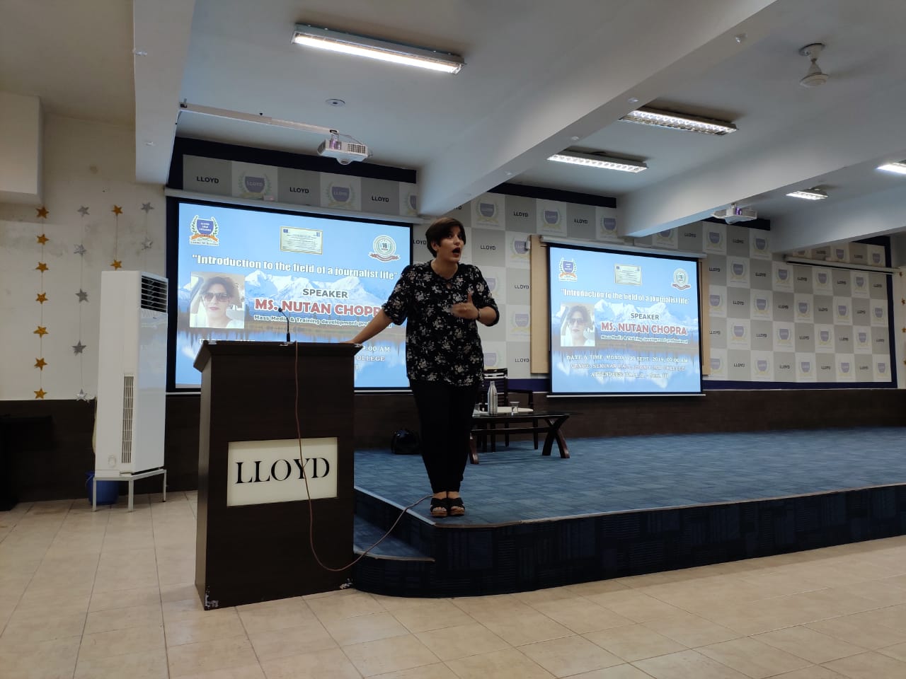Nutan Chopra speaking at Lloyd Law College