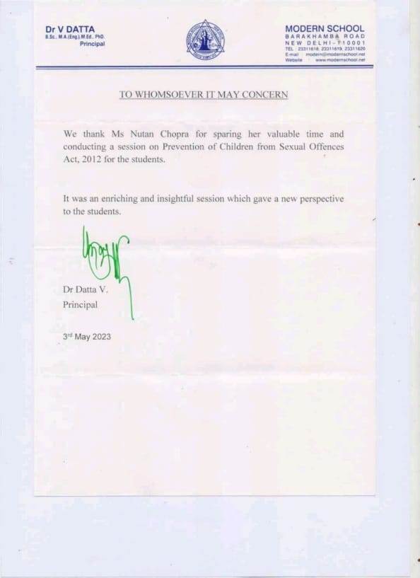 Modern School appreciation letter for Nutan Chopra